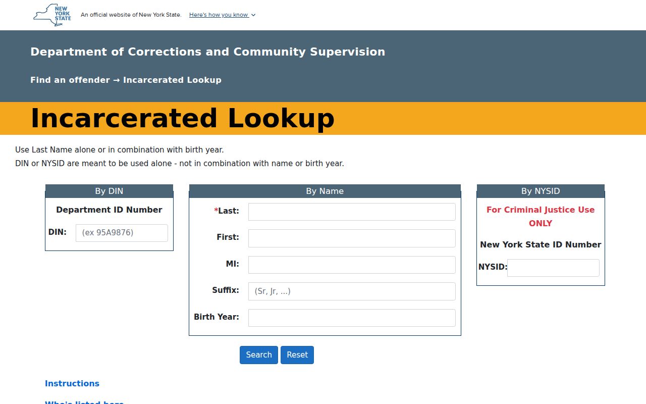 New York DOCCS incarcerated lookup search page