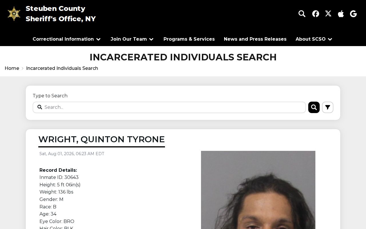 Steuben County Sheriff incarcerated individuals search page