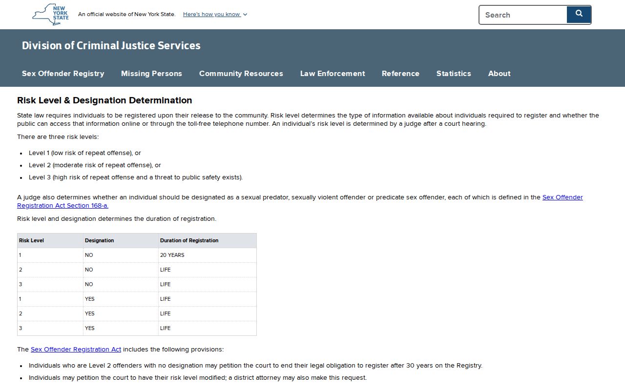 Steuben County sex offender risk level and registration duration chart